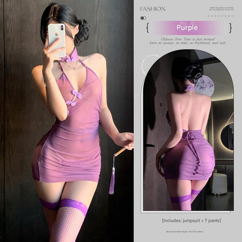 シースルーボタン付きディープVヒップスカート 6 LustFlox – Unleash Your Desire See-through buttoned deep V hip skirt - Purple jumpsuit + T-back - Product main picture 6