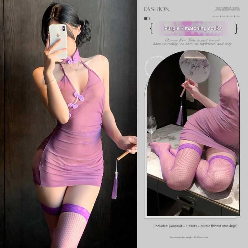 シースルーボタン付きディープVヒップスカート 7 LustFlox – Unleash Your Desire See-through buttoned deep V hip skirt - Purple jumpsuit + T-back + purple fishnet stockings - Product main picture 7