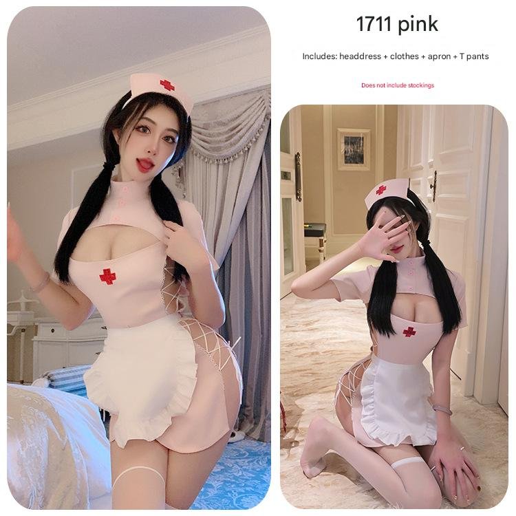 Sweetheart nurse sexy exposed hip uniform 2 LustFlox – Unleash Your Desire Sweetheart nurse sexy exposed hip uniform - pink clothes + headdress + apron + T pants - role play - product main picture 2
