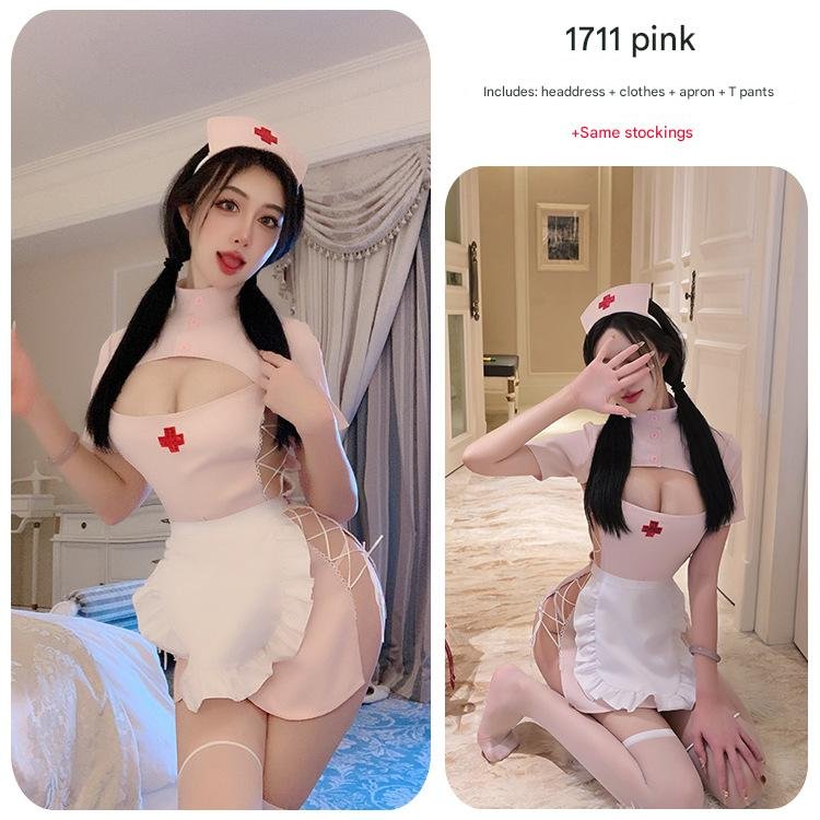 Sweetheart nurse sexy exposed hip uniform 3 LustFlox – Unleash Your Desire Sweetheart nurse sexy exposed hip uniform - pink clothes + headdress + apron + T pants + same stockings - role play - product main picture 3